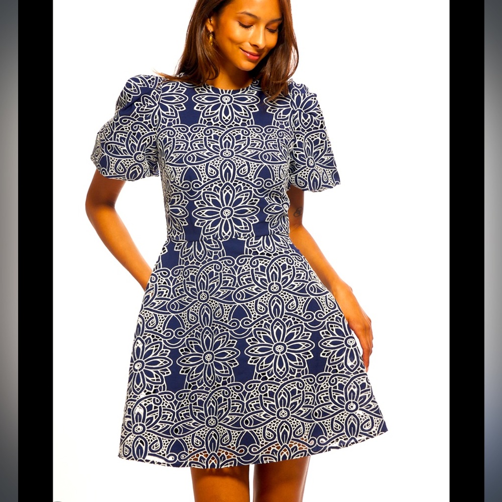 NWT Shoshanna Trace Puff Sleeve Dress Navy / Optic White